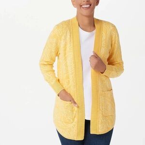 Isaac Mizrahi Thick Cotton Butter Yellow Floral Paisley Knit Cardigan Sweater